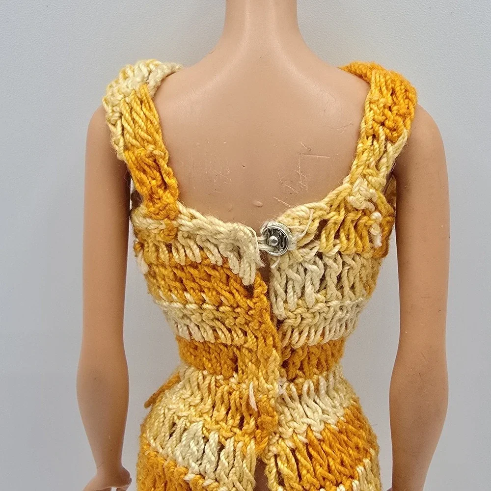 Vintage Barbie Fashion Doll Mommy Made Handmade Crochet Yellow White Dress